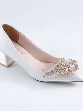 Embellished Satin Pointed Toe Block Heel Pumps - White